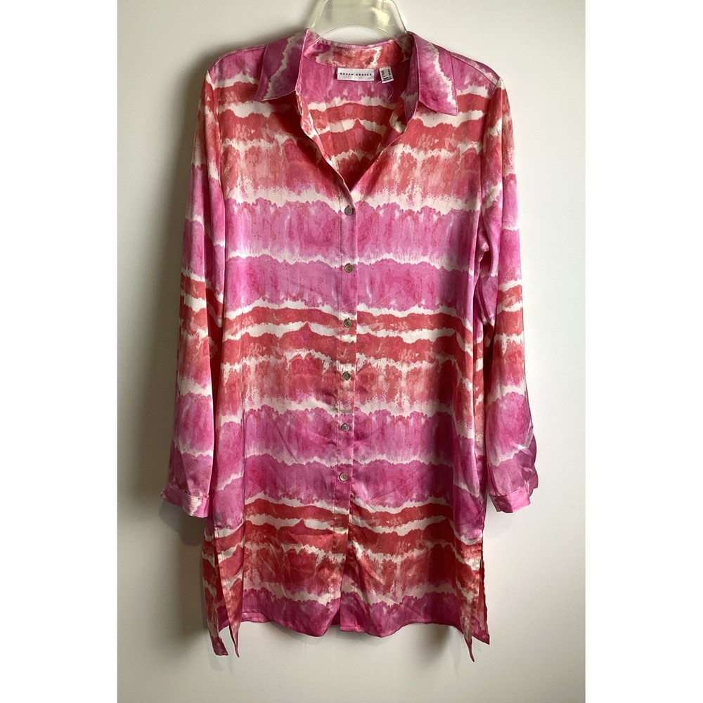 Watercolor Long Tunic Size SM Pinks & Ivory Button Front Shirtdress Susan Graver
